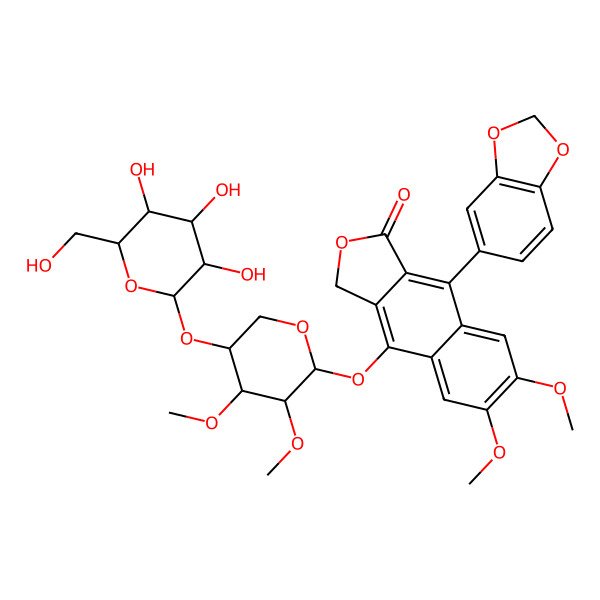 2D Structure of 9-(1,3-Benzodioxol-5-yl)-4-((4-O-beta-D-glucopyranosyl-2,3-di-O-methyl-beta-D-xylopyranosyl)oxy)-6,7-dimethoxynaphtho(2,3-c)furan-1(3H)-one