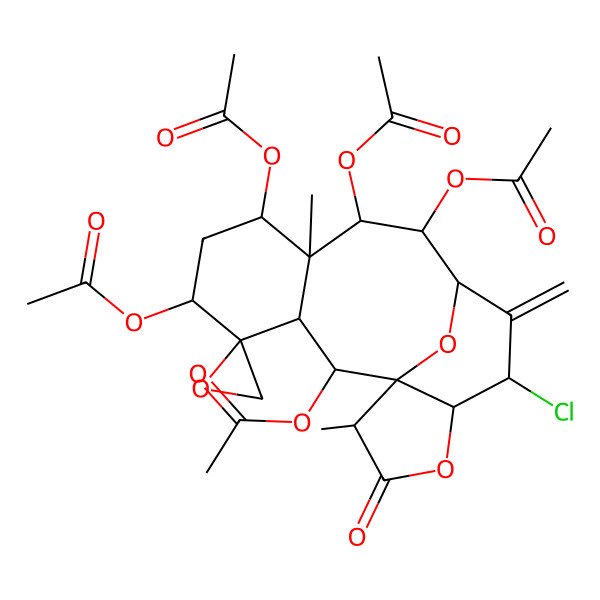 2D Structure of [(1R,2S,3S,4R,5R,7S,8R,9R,10S,11R,13S,14R,17R)-2,5,9,10-tetraacetyloxy-13-chloro-8,17-dimethyl-12-methylidene-16-oxospiro[15,18-dioxatetracyclo[9.6.1.01,14.03,8]octadecane-4,2'-oxirane]-7-yl] acetate
