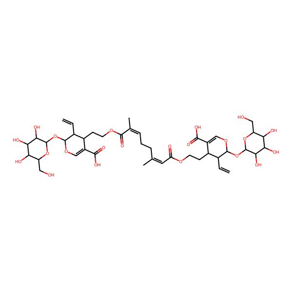2D Structure of 4-[2-[(2E,6E)-8-[2-[5-carboxy-3-ethenyl-2-[(2S,3R,4S,5S,6R)-3,4,5-trihydroxy-6-(hydroxymethyl)oxan-2-yl]oxy-3,4-dihydro-2H-pyran-4-yl]ethoxy]-3,7-dimethyl-8-oxoocta-2,6-dienoyl]oxyethyl]-3-ethenyl-2-[(2S,3R,4S,5S,6R)-3,4,5-trihydroxy-6-(hydroxymethyl)oxan-2-yl]oxy-3,4-dihydro-2H-pyran-5-carboxylic acid