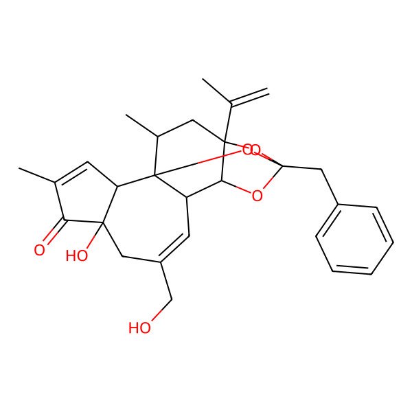 2D Structure of (2S,3aR,3bS,6aR,9aR,9bR,10R,11aR)-3a,3b,6,6a,9a,10,11,11a-Octahydro-6a-hydroxy-5-(hydroxymethyl)-8,10-dimethyl-11a-(1-methylethenyl)-2-(phenylmethyl)-7H-2,9b-epoxyazuleno(5,4-e)-1,3-benzodioxol-7-one