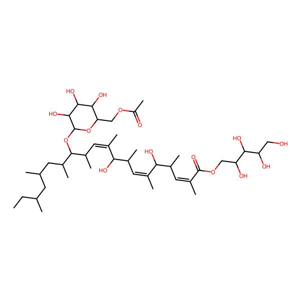 2D Structure of [(2S,3R,4S)-2,3,4,5-tetrahydroxypentyl] (2E,6E,10E)-13-[(2R,3S,4S,5S,6R)-6-(acetyloxymethyl)-3,4,5-trihydroxyoxan-2-yl]oxy-5,9-dihydroxy-2,4,6,8,10,12,14,16,18-nonamethylicosa-2,6,10-trienoate