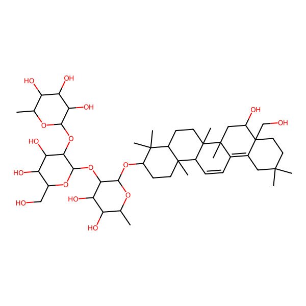 2D Structure of (2S,3R,4R,5R,6S)-2-[(2S,3R,4S,5S,6R)-2-[(2R,3R,4S,5R,6R)-2-[[(3S,4aR,6aR,6bS,8R,8aS,14aR,14bS)-8-hydroxy-8a-(hydroxymethyl)-4,4,6a,6b,11,11,14b-heptamethyl-1,2,3,4a,5,6,7,8,9,10,12,14a-dodecahydropicen-3-yl]oxy]-4,5-dihydroxy-6-methyloxan-3-yl]oxy-4,5-dihydroxy-6-(hydroxymethyl)oxan-3-yl]oxy-6-methyloxane-3,4,5-triol