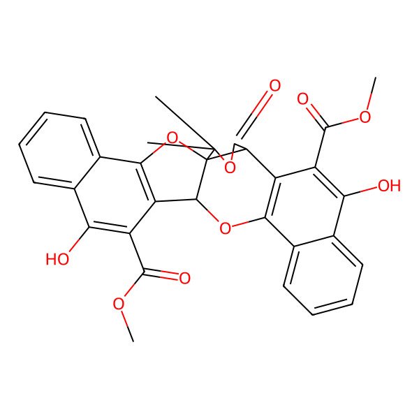 2D Structure of dimethyl (1S,5R,17S)-8,20-dihydroxy-2,2-dimethyl-4-oxo-3,16,28-trioxaheptacyclo[15.11.0.01,5.06,15.09,14.018,27.021,26]octacosa-6(15),7,9,11,13,18(27),19,21,23,25-decaene-7,19-dicarboxylate