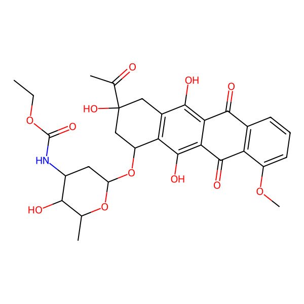 2D Structure of ethyl N-[6-[(3-acetyl-3,5,12-trihydroxy-10-methoxy-6,11-dioxo-2,4-dihydro-1H-tetracen-1-yl)oxy]-3-hydroxy-2-methyloxan-4-yl]carbamate