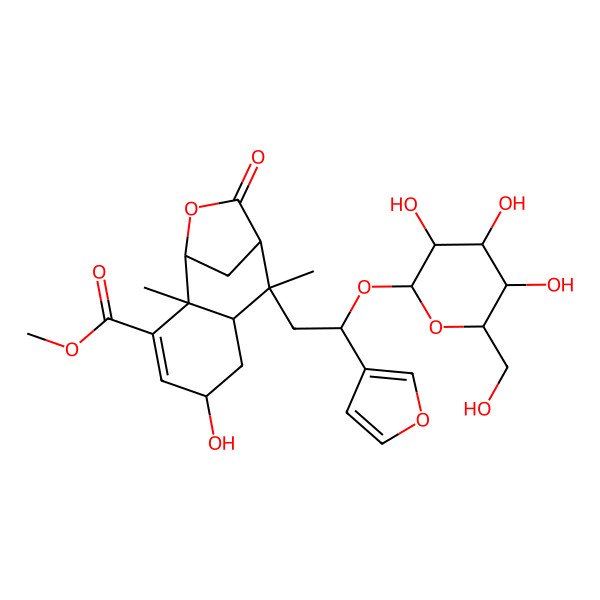 2D Structure of methyl (1S,2R,5R,7S,8S,9R)-8-[2-(furan-3-yl)-2-[(2R,3R,4S,5S,6R)-3,4,5-trihydroxy-6-(hydroxymethyl)oxan-2-yl]oxyethyl]-5-hydroxy-2,8-dimethyl-10-oxo-11-oxatricyclo[7.2.1.02,7]dodec-3-ene-3-carboxylate
