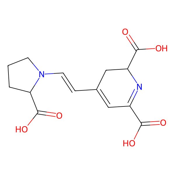 2D Structure of (S)-4-(2-((S)-2-Carboxypyrrolidin-1-yl)vinyl)-2,3-dihydropyridine-2,6-dicarboxylic acid