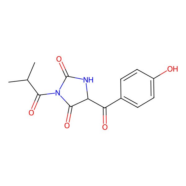 2D Structure of (S)-5-(4-hydroxybenzoyl)-3-isobutyrylimidazolidine-2,4-dione