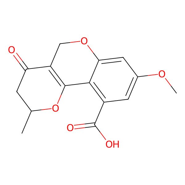 2D Structure of (S)-(-)-8-methoxy-2-methyl-4-oxo-3,4-dihydro-2H,5H-pyrano[3,2-c]chromene-10-carboxylic acid