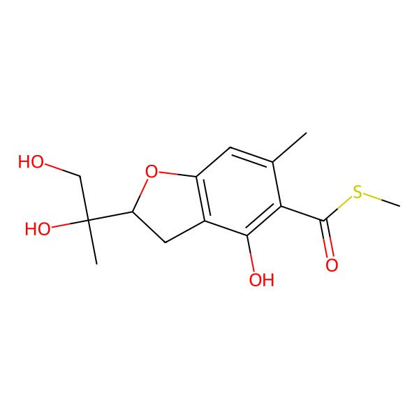 2D Structure of S-methyl 2-(1,2-dihydroxypropan-2-yl)-4-hydroxy-6-methyl-2,3-dihydro-1-benzofuran-5-carbothioate