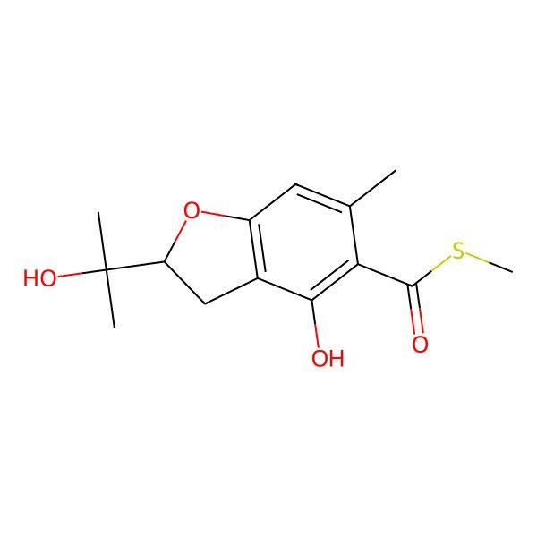 2D Structure of S-methyl 4-hydroxy-2-(2-hydroxypropan-2-yl)-6-methyl-2,3-dihydro-1-benzofuran-5-carbothioate