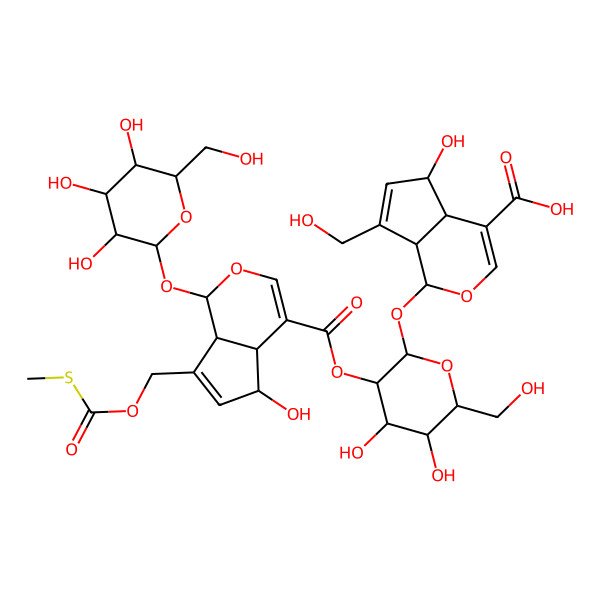 2D Structure of (1S,4aS,5S,7aS)-1-[(2S,3R,4S,5S,6R)-3-[(1S,4aS,5S,7aS)-5-hydroxy-7-(methylsulfanylcarbonyloxymethyl)-1-[(2S,3R,4S,5S,6R)-3,4,5-trihydroxy-6-(hydroxymethyl)oxan-2-yl]oxy-1,4a,5,7a-tetrahydrocyclopenta[c]pyran-4-carbonyl]oxy-4,5-dihydroxy-6-(hydroxymethyl)oxan-2-yl]oxy-5-hydroxy-7-(hydroxymethyl)-1,4a,5,7a-tetrahydrocyclopenta[c]pyran-4-carboxylic acid