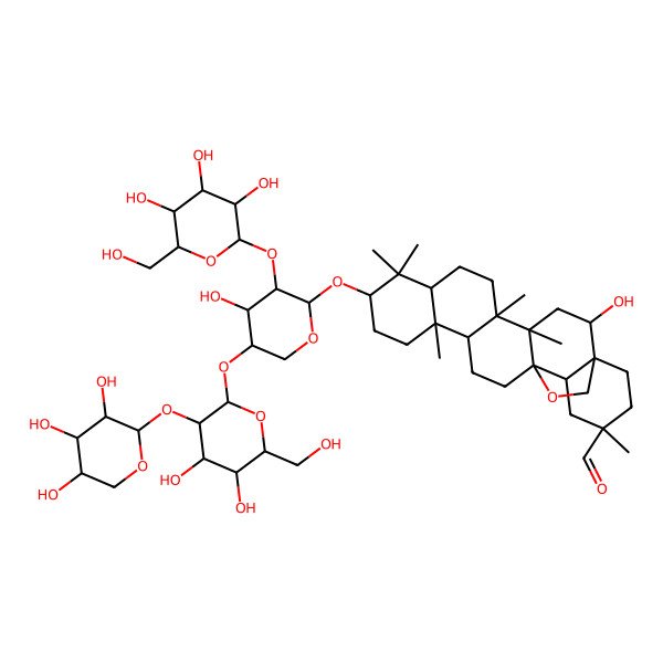 2D Structure of (1S,2R,4S,5R,8R,10S,13R,14R,17S,18R,20S)-10-[(2S,3R,4R,5S)-5-[(2S,3R,4S,5S,6R)-4,5-dihydroxy-6-(hydroxymethyl)-3-[(2S,3R,4S,5R)-3,4,5-trihydroxyoxan-2-yl]oxyoxan-2-yl]oxy-4-hydroxy-3-[(2S,3R,4S,5S,6R)-3,4,5-trihydroxy-6-(hydroxymethyl)oxan-2-yl]oxyoxan-2-yl]oxy-2-hydroxy-4,5,9,9,13,20-hexamethyl-24-oxahexacyclo[15.5.2.01,18.04,17.05,14.08,13]tetracosane-20-carbaldehyde