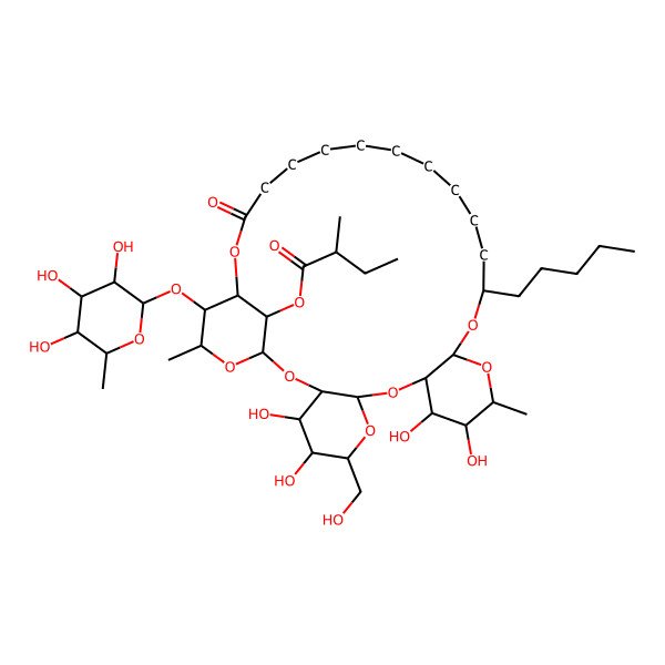 2D Structure of [4,5,11,12-Tetrahydroxy-6-(hydroxymethyl)-13,31-dimethyl-27-oxo-17-pentyl-30-(3,4,5-trihydroxy-6-methyloxan-2-yl)oxy-2,7,9,14,16,28,32-heptaoxatetracyclo[27.3.1.03,8.010,15]tritriacontan-33-yl] 2-methylbutanoate