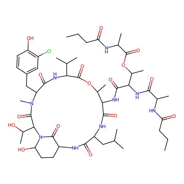 2D Structure of N-Butanoyl-L-alanyl-O-[(2S)-2-butanamidopropanoyl]-N-[(2S,5S,8S,11R,12S,15S,18R,21R)-5-[(3-chloro-4-hydroxyphenyl)methyl]-21-hydroxy-2-[(1R)-1-hydroxyethyl]-4,11-dimethyl-15-(2-methylpropyl)-3,6,9,13,16,22-hexaoxo-8-(propan-2-yl)-10-oxa-1,4,7,14,17-pentaazabicyclo[16.3.1]docosan-12-yl]-L-threoninamide