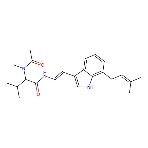 2D Structure of (S,E)-3-methyl-2-(N-methylacetamido)-N-(2-(7-(3-methylbut-2-enyl)-1H-indol-3-yl)vinyl)butanamide