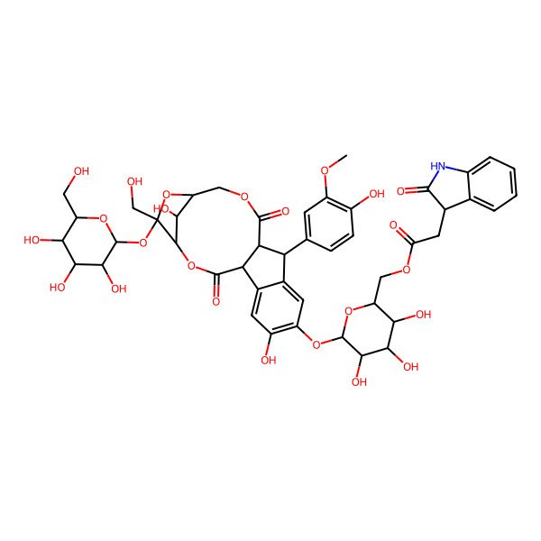 2D Structure of I+/--D-Glucopyranoside, 3,6-O-[[(1I+/-,2I+/-,3I(2))-5-[[6-O-[(2,3-dihydro-2-oxo-1H-indol-3-yl)acetyl]-I(2)-D-glucopyranosyl]oxy]-2,3-dihydro-6-hydroxy-3-(4-hydroxy-3-methoxyphenyl)-1H-indene-1,2-diyl]dicarbonyl]-I(2)-D-fructofuranosyl