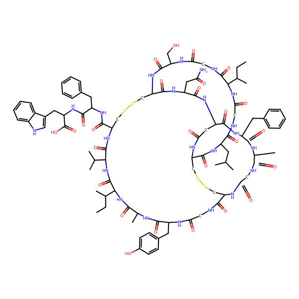 2D Structure of L-Tryptophan, L-cysteinyl-L-leucylglycyl-L-isoleucylglycyl-L-seryl-L-cysteinyl-L-asparaginyl-L-alpha-aspartyl-L-phenylalanyl-L-alanylglycyl-L-cysteinylglycyl-L-tyrosyl-L-alanyl-L-isoleucyl-L-valyl-L-cysteinyl-L-phenylalanyl-, cyclic (9-1)-peptide, cyclic (1-13),(7-19)-bis(disulfide