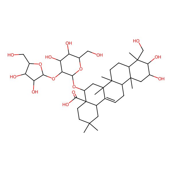 2D Structure of (4aR,5R,6aR,6aS,6bR,8aR,9R,10R,11S,12aR,14bS)-5-[(2R,3R,4S,5S,6R)-3-[(2S,3S,4S,5R)-3,4-dihydroxy-5-(hydroxymethyl)oxolan-2-yl]oxy-4,5-dihydroxy-6-(hydroxymethyl)oxan-2-yl]oxy-10,11-dihydroxy-9-(hydroxymethyl)-2,2,6a,6b,9,12a-hexamethyl-1,3,4,5,6,6a,7,8,8a,10,11,12,13,14b-tetradecahydropicene-4a-carboxylic acid