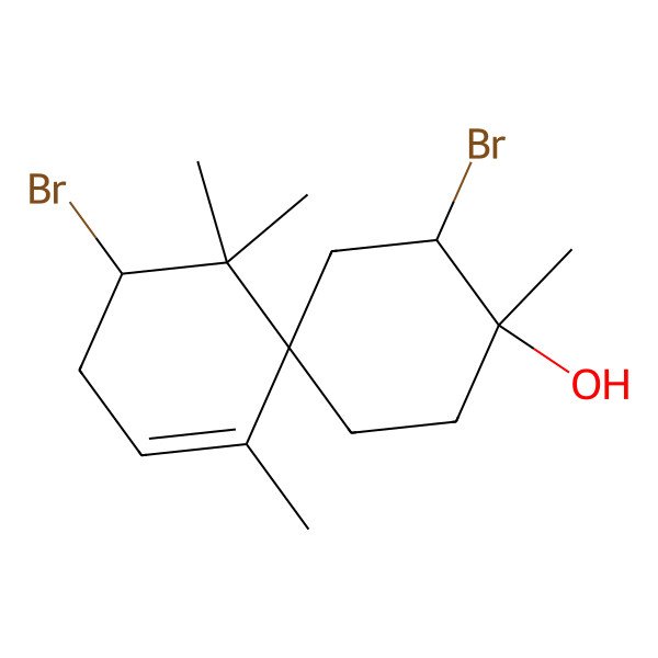 2D Structure of Spiro[5.5]undec-7-en-3-ol, 2,10-dibromo-3,7,11,11-tetramethyl-, [2S-[2alpha,3beta,6alpha(S*)]]-