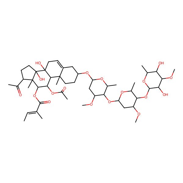 2D Structure of [(3S,8S,9S,10R,11S,12S,13S,14R,17R)-17-acetyl-11-acetyloxy-3-[(2R,4S,5R,6R)-5-[(2S,4S,5R,6R)-5-[(2S,3R,4R,5R,6R)-3,5-dihydroxy-4-methoxy-6-methyloxan-2-yl]oxy-4-methoxy-6-methyloxan-2-yl]oxy-4-methoxy-6-methyloxan-2-yl]oxy-8,14-dihydroxy-10,13-dimethyl-2,3,4,7,9,11,12,15,16,17-decahydro-1H-cyclopenta[a]phenanthren-12-yl] (E)-2-methylbut-2-enoate