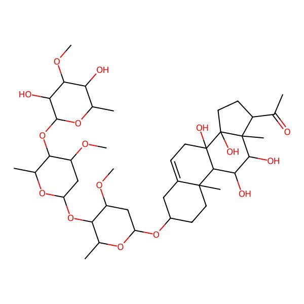 2D Structure of 1-[(3S,8S,9S,10R,11S,12S,13S,14R,17R)-3-[(2R,4S,5R,6R)-5-[(2S,4S,5R,6R)-5-[(2S,3R,4R,5R,6R)-3,5-dihydroxy-4-methoxy-6-methyloxan-2-yl]oxy-4-methoxy-6-methyloxan-2-yl]oxy-4-methoxy-6-methyloxan-2-yl]oxy-8,11,12,14-tetrahydroxy-10,13-dimethyl-2,3,4,7,9,11,12,15,16,17-decahydro-1H-cyclopenta[a]phenanthren-17-yl]ethanone