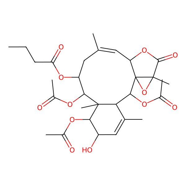 2D Structure of [(1S,2R,3S,6R,7R,8R,9R,10R,12Z,14S,17R)-2,7,9-triacetyloxy-6-hydroxy-4,8,12,17-tetramethyl-16-oxo-15,18-dioxatetracyclo[12.4.0.01,17.03,8]octadeca-4,12-dien-10-yl] butanoate