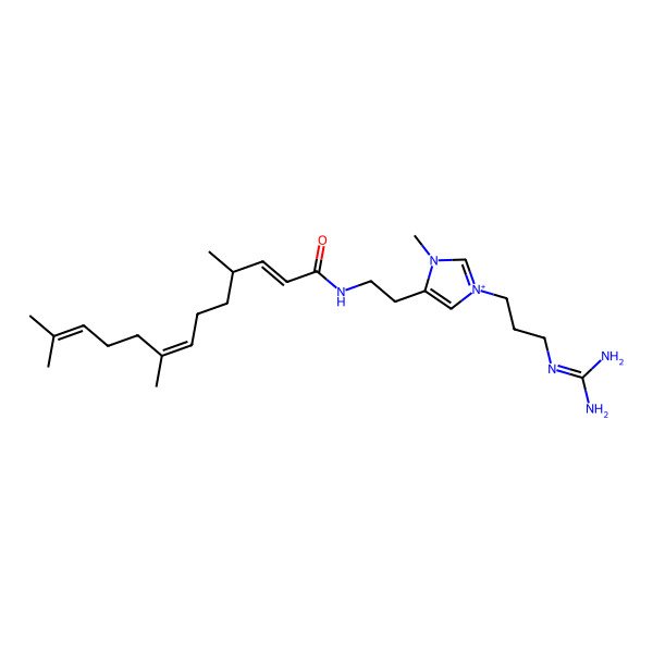 2D Structure of (2E,7E)-N-[2-[1-[3-(diaminomethylideneamino)propyl]-3-methylimidazol-1-ium-4-yl]ethyl]-4,8,12-trimethyltrideca-2,7,11-trienamide