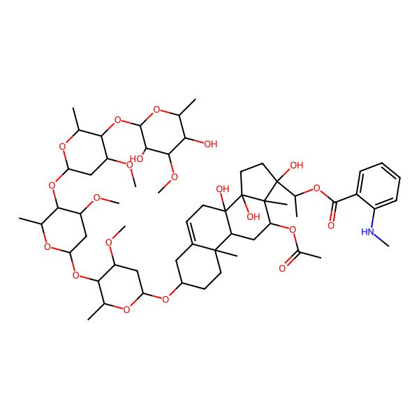 2D Structure of [(1S)-1-[(3S,8S,9R,10R,12R,13R,14R,17R)-12-acetyloxy-3-[(2R,4S,5R,6R)-5-[(2S,4S,5R,6R)-5-[(2S,4R,5R,6R)-5-[(2S,3R,4S,5R,6R)-3,5-dihydroxy-4-methoxy-6-methyloxan-2-yl]oxy-4-methoxy-6-methyloxan-2-yl]oxy-4-methoxy-6-methyloxan-2-yl]oxy-4-methoxy-6-methyloxan-2-yl]oxy-8,14,17-trihydroxy-10,13-dimethyl-1,2,3,4,7,9,11,12,15,16-decahydrocyclopenta[a]phenanthren-17-yl]ethyl] 2-(methylamino)benzoate
