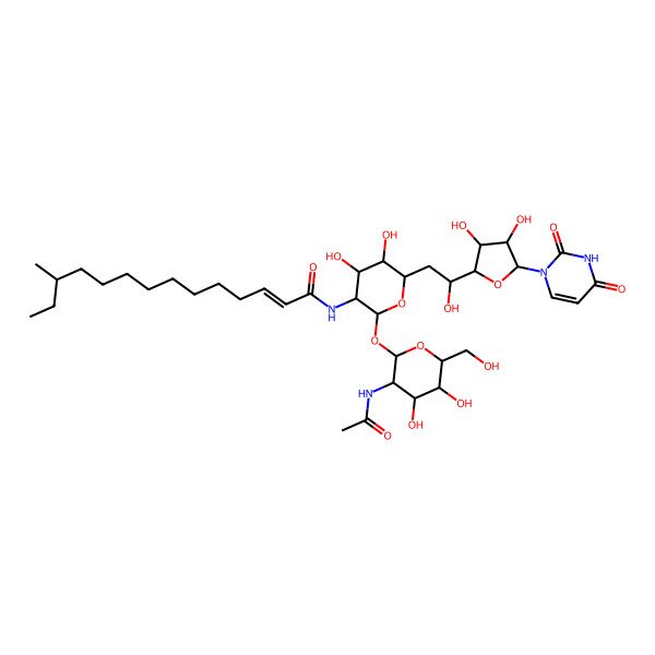2D Structure of (E)-N-[(2S,3R,4R,5R,6R)-2-[(2R,3R,4R,5S,6R)-3-acetamido-4,5-dihydroxy-6-(hydroxymethyl)oxan-2-yl]oxy-6-[(2S)-2-[(2R,3S,4R,5R)-5-(2,4-dioxopyrimidin-1-yl)-3,4-dihydroxyoxolan-2-yl]-2-hydroxyethyl]-4,5-dihydroxyoxan-3-yl]-12-methyltetradec-2-enamide