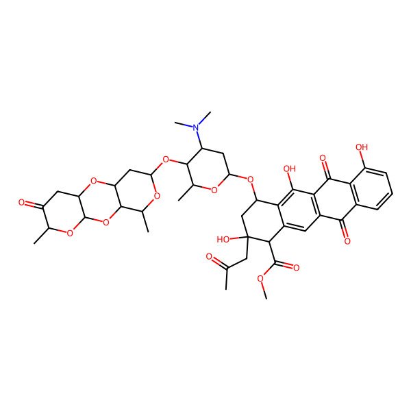 2D Structure of methyl (1R,2S,4S)-4-[(2R,4S,5S,6S)-4-(dimethylamino)-5-[[(1R,3R,5S,8S,10S,12S,14S)-5,14-dimethyl-6-oxo-2,4,9,13-tetraoxatricyclo[8.4.0.03,8]tetradecan-12-yl]oxy]-6-methyloxan-2-yl]oxy-2,5,7-trihydroxy-6,11-dioxo-2-(2-oxopropyl)-3,4-dihydro-1H-tetracene-1-carboxylate