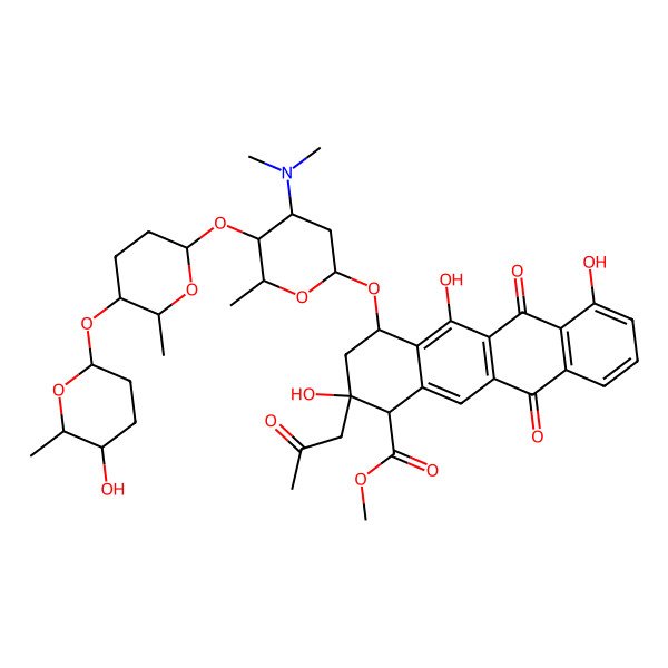 2D Structure of 1-Naphthacenecarboxylic acid, 1,2,3,4,6,11-hexahydro-6,11-dioxo-2-(2-oxopropyl)-4-((2,3,6-trideoxy-3-(dimethylamino)-4-O-((2S-(2-alpha,5-beta(2R*,5R*,6R*),6-beta))-tetrahydro-6-methyl-5-((tetrahydro-5-hydroxy-6-methyl-2H-pyran-2-yl)oxy)-2H-pyran-2-yl)-alha-L-lyxo-hexopyranosyl)oxy)-2,5,7-trihydroxy-, methyl ester, (1R-(1alpha,2-beta,4-beta))-