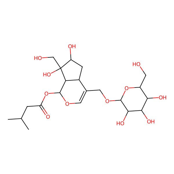 2D Structure of beta-D-Glucopyranoside, ((1S,4aS,6S,7R,7aS)-1,4a,5,6,7,7a-hexahydro-6,7-dihydroxy-7-(hydroxymethyl)-1-(3-methyl-1-oxobutoxy)cyclopenta(c)pyran-4-yl)methyl