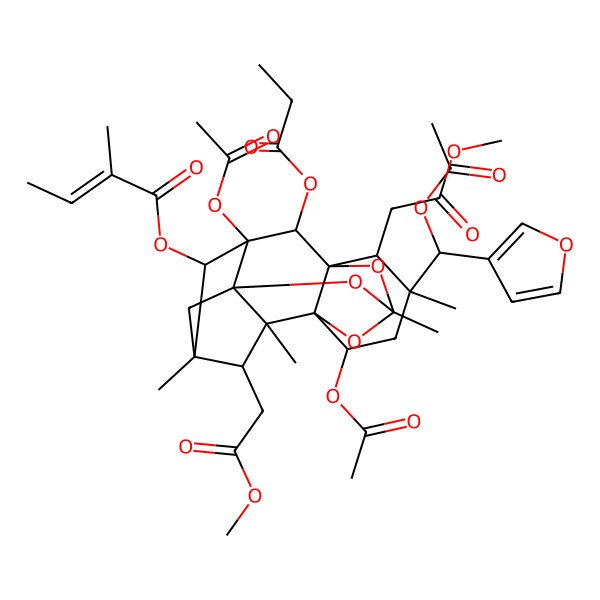2D Structure of [(1S,5R,6S,7R,12R,15S,16R)-3,13-diacetyloxy-15-[(S)-acetyloxy(furan-3-yl)methyl]-6,16-bis(2-methoxy-2-oxoethyl)-5,7,10,15-tetramethyl-2-propanoyloxy-9,11,17-trioxahexacyclo[8.6.1.15,8.01,12.03,8.07,12]octadecan-4-yl] (E)-2-methylbut-2-enoate