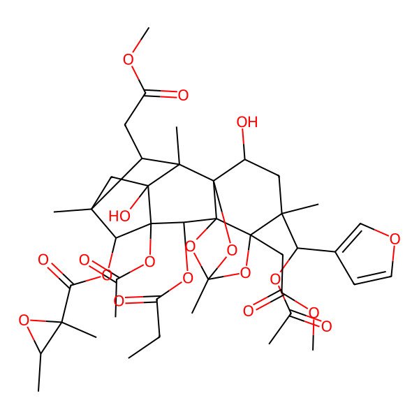 2D Structure of [(1R,2R,5S,9S,13S,14S,18S)-7-acetyloxy-14-[(R)-acetyloxy(furan-3-yl)methyl]-3,16-dihydroxy-13,18-bis(2-methoxy-2-oxoethyl)-2,5,11,14-tetramethyl-8-propanoyloxy-10,12,17-trioxahexacyclo[9.5.1.12,5.01,9.03,7.09,13]octadecan-6-yl] (2S,3R)-2,3-dimethyloxirane-2-carboxylate