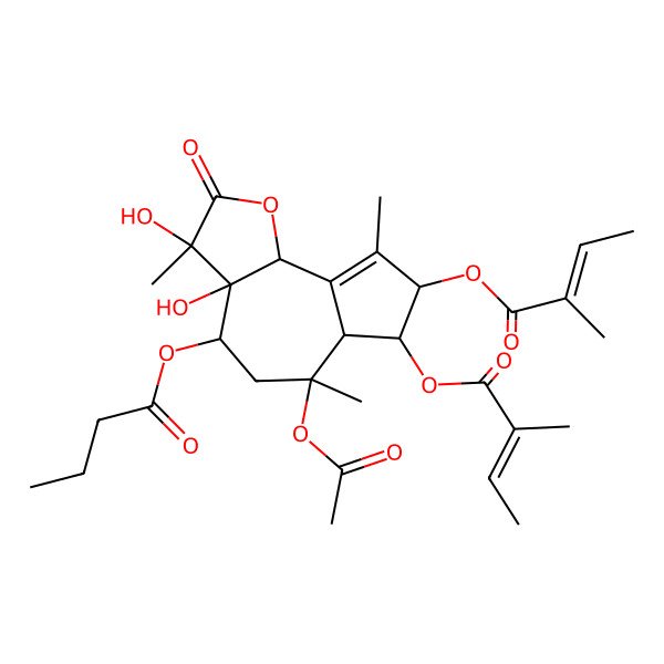 2D Structure of [(3S,3aR,4S,6S,7S,8S)-6-acetyloxy-4-butanoyloxy-3,3a-dihydroxy-3,6,9-trimethyl-8-[(Z)-2-methylbut-2-enoyl]oxy-2-oxo-4,5,6a,7,8,9b-hexahydroazuleno[4,5-b]furan-7-yl] (Z)-2-methylbut-2-enoate