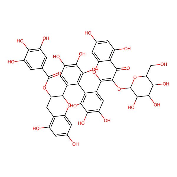 2D Structure of Benzoic acid, 3,4,5-trihydroxy-, (2R,3R)-2-((1R)-6'-(3-(beta-D-glucopyranosyloxy)-5,7-dihydroxy-4-oxo-4H-1-benzopyran-2-yl)-2',3',4,4',5,6-hexahydroxy(1,1'-biphenyl)-2-yl)-3,4-dihydro-5,7-dihydroxy-2H-1-benzopyran-3-yl ester
