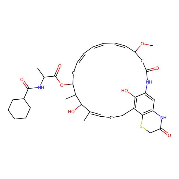 2D Structure of [(6E,8E,10E,16Z)-15,28-dihydroxy-5-methoxy-14,16-dimethyl-3,24-dioxo-22-thia-2,25-diazatricyclo[18.7.1.021,26]octacosa-1(27),6,8,10,16,20(28),21(26)-heptaen-13-yl] 2-(cyclohexanecarbonylamino)propanoate