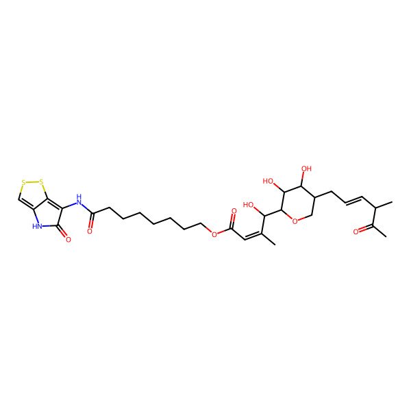2D Structure of (5S)-1,5-anhydro-2-deoxy-5-[(1R,2E)-1-hydroxy-2-methyl-4-oxo-4-({8-oxo-8-[(5-oxo-4,5-dihydro[1,2]dithiolo[4,3-b]pyrrol-6-yl)amino]octyl}oxy)but-2-en-1-yl]-2-[(2E,4R)-4-methyl-5-oxohex-2-en-1-yl]-L-arabinitol
