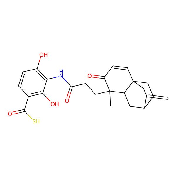 2D Structure of 2,4-dihydroxy-3-[3-[(1S,5S,6R,8S)-5-methyl-9-methylidene-4-oxo-5-tricyclo[6.2.2.01,6]dodec-2-enyl]propanoylamino]benzenecarbothioic S-acid