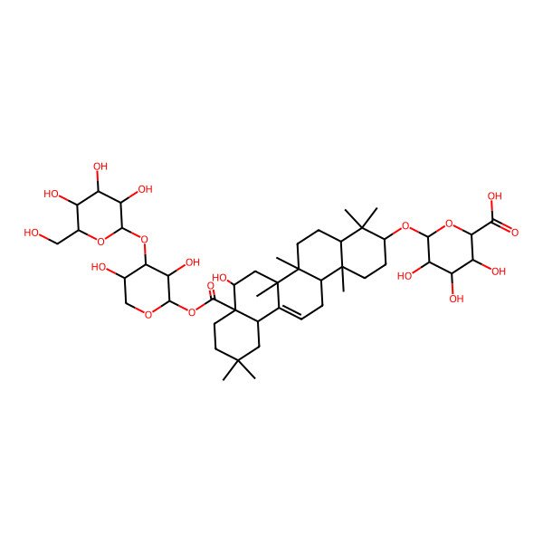 2D Structure of (2S,3S,4S,5R,6R)-6-[[(3S,4aR,6aR,6bS,8R,8aR,12aS,14aR,14bR)-8a-[(2S,3R,4S,5R)-3,5-dihydroxy-4-[(2S,3R,4S,5S,6R)-3,4,5-trihydroxy-6-(hydroxymethyl)oxan-2-yl]oxyoxan-2-yl]oxycarbonyl-8-hydroxy-4,4,6a,6b,11,11,14b-heptamethyl-1,2,3,4a,5,6,7,8,9,10,12,12a,14,14a-tetradecahydropicen-3-yl]oxy]-3,4,5-trihydroxyoxane-2-carboxylic acid