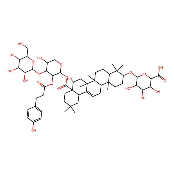 2D Structure of D-Glucopyranosiduronic acid, (3beta,16alpha)-28-((3-O-D-glucopyranosyl-2-O-(3-(4-hydroxyphenyl)-1-oxopropyl)-D-xylopyranosyl)oxy)-16-hydroxy-28-oxoolean-12-en-3-yl