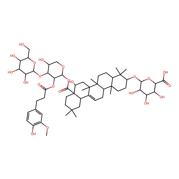 2D Structure of D-Glucopyranosiduronic acid, (3beta,16alpha)-28-[[3-O-D-glucopyranosyl-2-O-[3-(4-hydroxy-3-methoxyphenyl)-1-oxopropyl]arabinopyranosyl]oxy]-16-hydroxy-28-oxoolean-12-en-3-yl