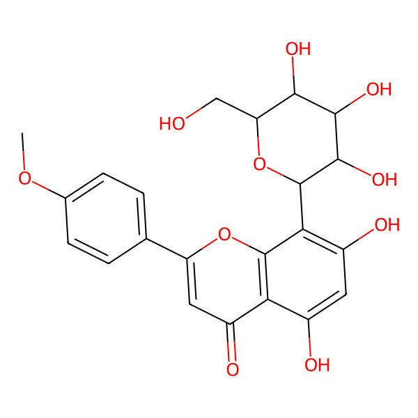 2D Structure of 4H-1-Benzopyran-4-one, 8-beta-D-glucopyranosyl-5,7-dihydroxy-2-(4-methoxyphenyl)-