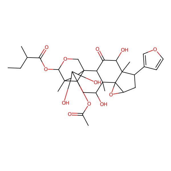 2D Structure of [(1S,2R,4R,5R,6S,8R,10S,11S,12R,14R,15S,19R,20R,21S)-20-acetyloxy-6-(furan-3-yl)-4,12,19,21-tetrahydroxy-5,11,15-trimethyl-3-oxo-9,17-dioxahexacyclo[13.3.3.01,14.02,11.05,10.08,10]henicosan-16-yl] 2-methylbutanoate