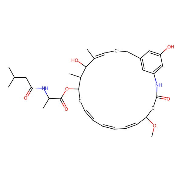 2D Structure of [(5R,6E,8E,10E,13S,14R,15R,16Z)-15,22-dihydroxy-5-methoxy-14,16-dimethyl-3-oxo-2-azabicyclo[18.3.1]tetracosa-1(23),6,8,10,16,20(24),21-heptaen-13-yl] (2R)-2-(3-methylbutanoylamino)propanoate
