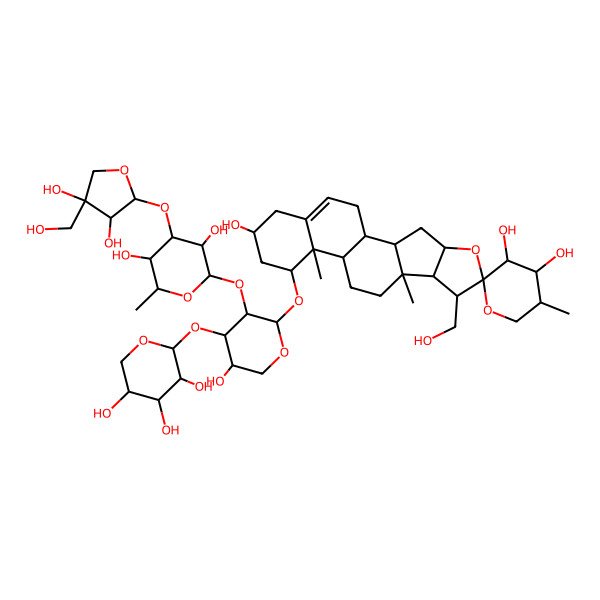 2D Structure of (1S,2S,3'S,4S,4'S,5'S,6S,7R,8R,9S,12S,13R,14R,16R)-14-[(2S,3R,4S,5S)-3-[(2S,3R,4R,5S,6S)-4-[(2S,3R,4R)-3,4-dihydroxy-4-(hydroxymethyl)oxolan-2-yl]oxy-3,5-dihydroxy-6-methyloxan-2-yl]oxy-5-hydroxy-4-[(2S,3R,4S,5R)-3,4,5-trihydroxyoxan-2-yl]oxyoxan-2-yl]oxy-7-(hydroxymethyl)-5',9,13-trimethylspiro[5-oxapentacyclo[10.8.0.02,9.04,8.013,18]icos-18-ene-6,2'-oxane]-3',4',16-triol