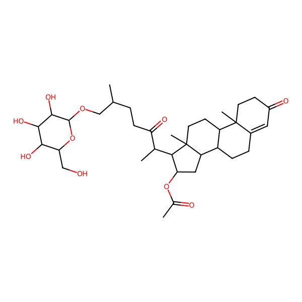 2D Structure of [(8S,9S,10R,13S,14S,16R,17R)-10,13-dimethyl-17-[(2S)-6-methyl-3-oxo-7-[(2R,3R,4S,5S,6R)-3,4,5-trihydroxy-6-(hydroxymethyl)oxan-2-yl]oxyheptan-2-yl]-3-oxo-1,2,6,7,8,9,11,12,14,15,16,17-dodecahydrocyclopenta[a]phenanthren-16-yl] acetate
