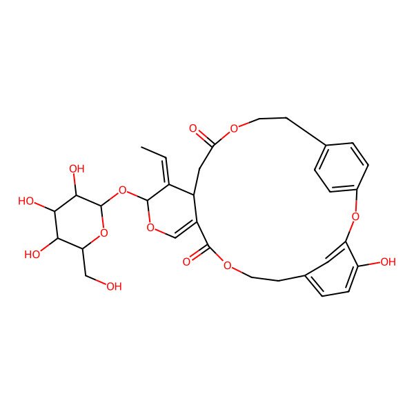 2D Structure of (15R,16Z,17R)-16-ethylidene-4-hydroxy-15-[(2R,3S,4R,5R,6S)-3,4,5-trihydroxy-6-(hydroxymethyl)oxan-2-yl]oxy-2,10,14,20-tetraoxatetracyclo[21.2.2.13,7.012,17]octacosa-1(25),3,5,7(28),12,23,26-heptaene-11,19-dione