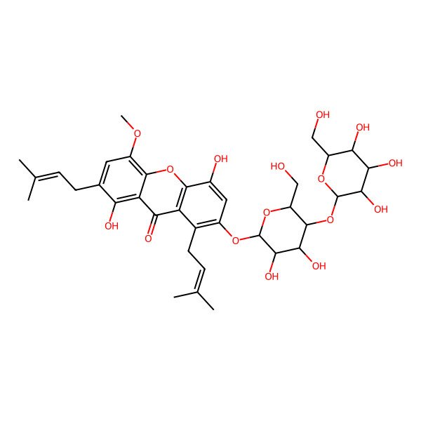 2D Structure of 7-[(2S,3R,4R,5S,6R)-3,4-dihydroxy-6-(hydroxymethyl)-5-[(2S,3R,4S,5S,6R)-3,4,5-trihydroxy-6-(hydroxymethyl)oxan-2-yl]oxyoxan-2-yl]oxy-1,5-dihydroxy-4-methoxy-2,8-bis(3-methylbut-2-enyl)xanthen-9-one