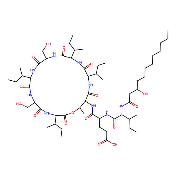 2D Structure of (4R)-4-[[(2S,3R)-2-[[(3R)-3-hydroxydodecanoyl]amino]-3-methylpentanoyl]amino]-5-oxo-5-[[(3R,6R,9S,12S,15R,18R,21R,22R)-3,9,18-tris[(2S)-butan-2-yl]-15-[(2R)-butan-2-yl]-6,12-bis(hydroxymethyl)-22-methyl-2,5,8,11,14,17,20-heptaoxo-1-oxa-4,7,10,13,16,19-hexazacyclodocos-21-yl]amino]pentanoic acid